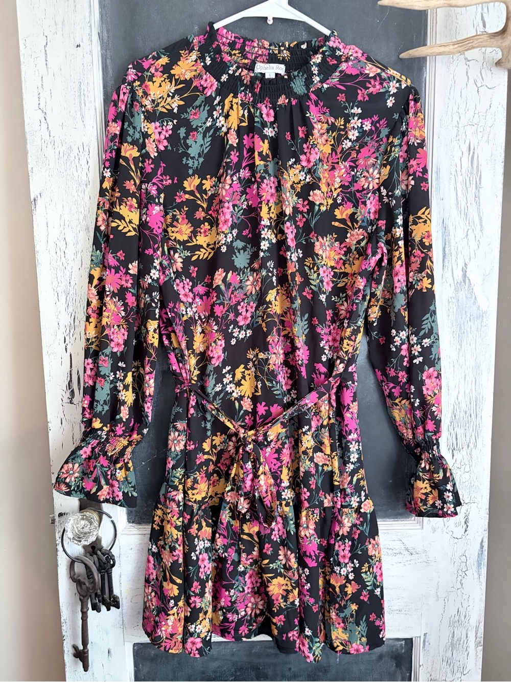 Floral Long-Sleeve Smocked Neck Dress - Black with Pink & Mustard Floral